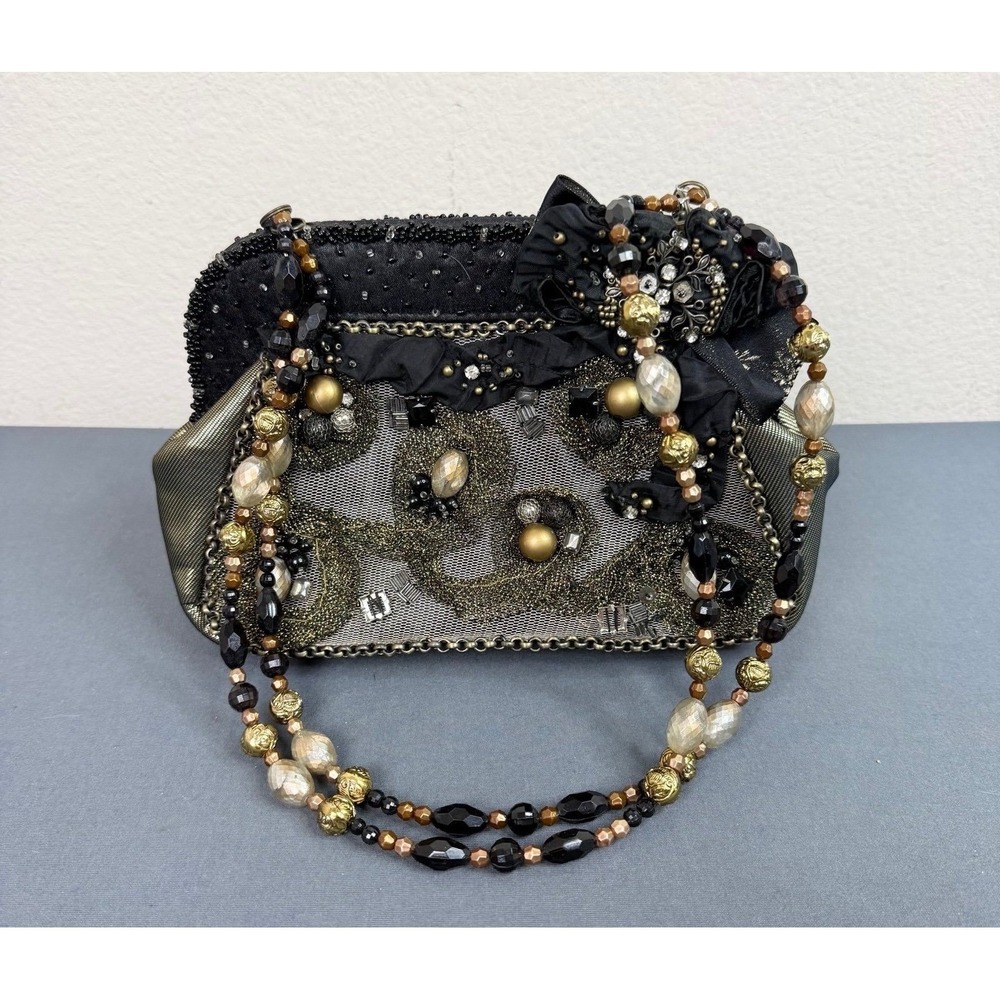Vintage Mary Frances Black Gold Silver Beaded Evening Bag with Floral Design